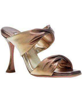 NIB Aquazzura Twist Sandal 95 in Gold Chocolate Flared Heel Size EU 37.5